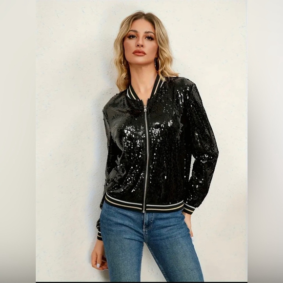 Black Sequins Jacket with Gold and White Fleur De Lis on back - Picture 4 of 6